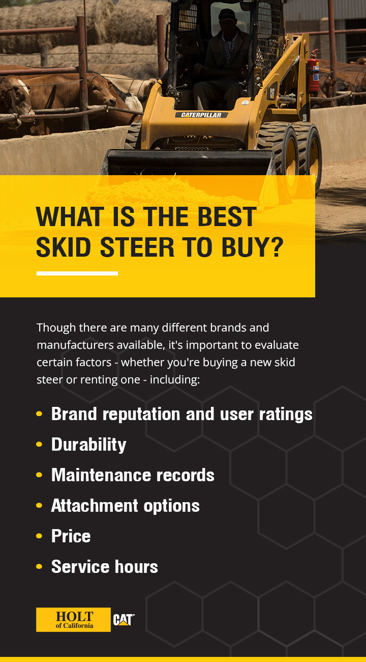 What Is the Best Skid Steer to Buy? Though there are many different brands and manufacturers available, it's important to evaluate certain factors — whether you're buying a new skid steer or renting one.